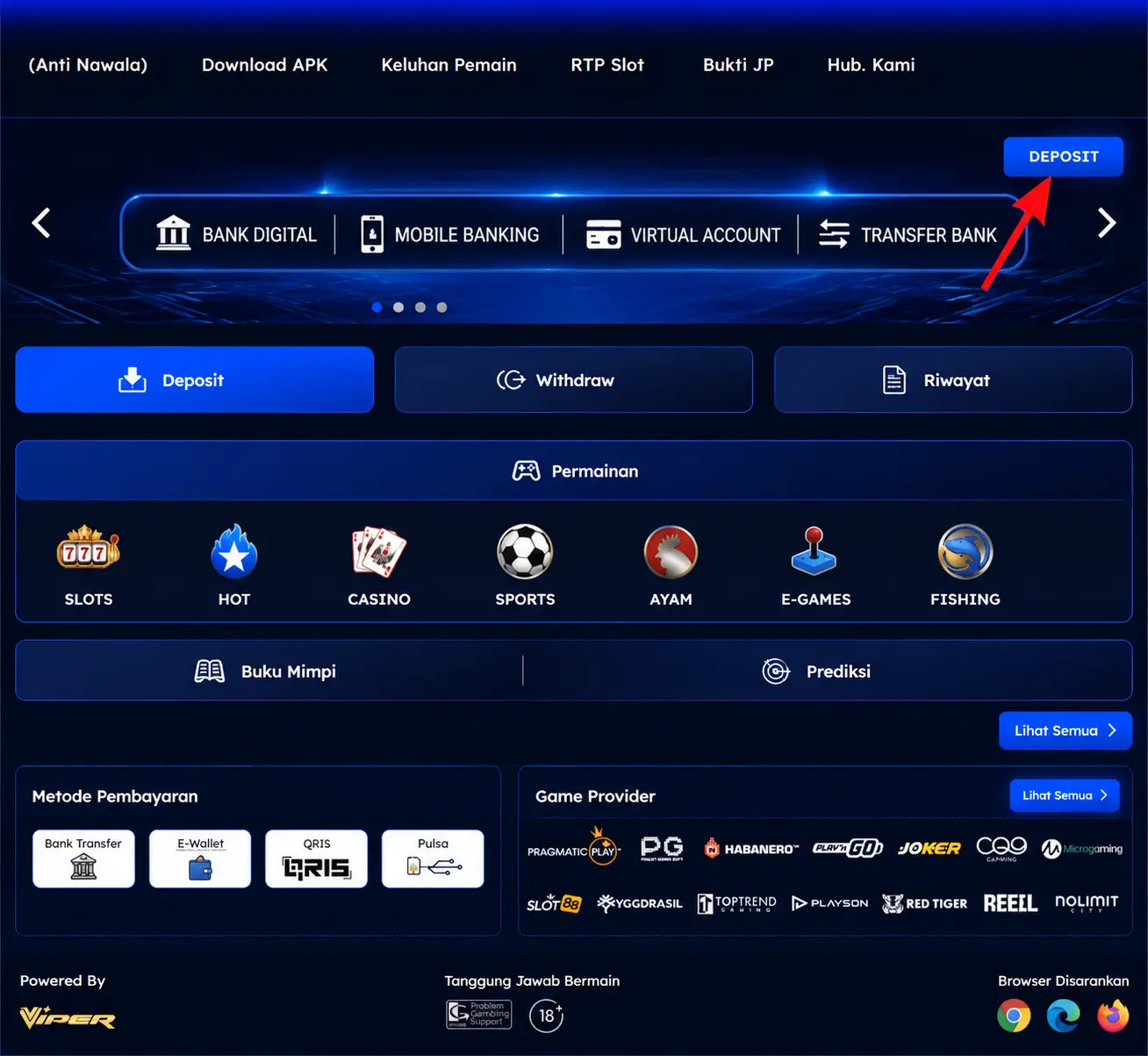 Membuka menu Deposit pada akun GIGA88